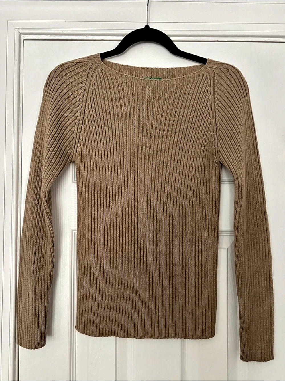Vtg Benetton Made in Italy Ribbed Knit Wool Blend Sweater Medium M Tan Beige